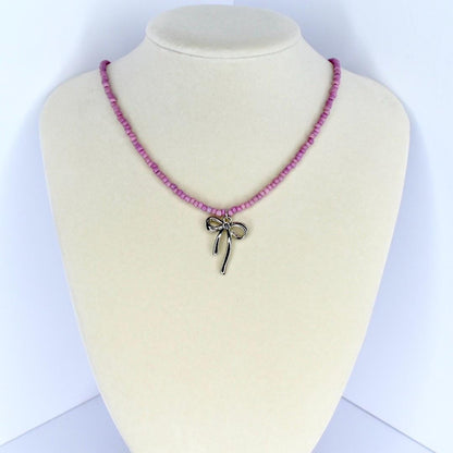 Bow Charm Necklace – Pink or Teal Beaded Choker