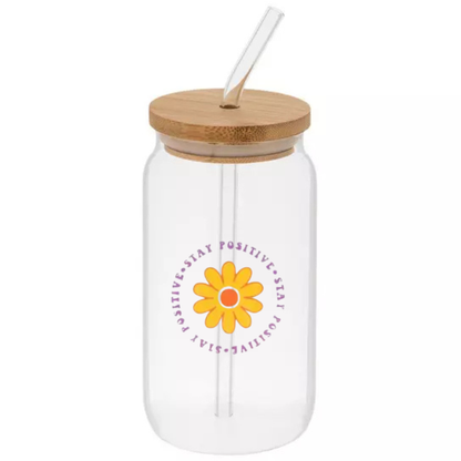 Glass Can Sipper Cup with Straw Charm, Bamboo Lid, and Glass Straw