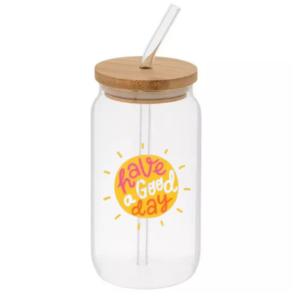 Glass Can Sipper Cup with Straw Charm, Bamboo Lid, and Glass Straw