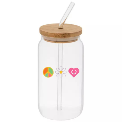 Glass Can Sipper Cup with Straw Charm, Bamboo Lid, and Glass Straw