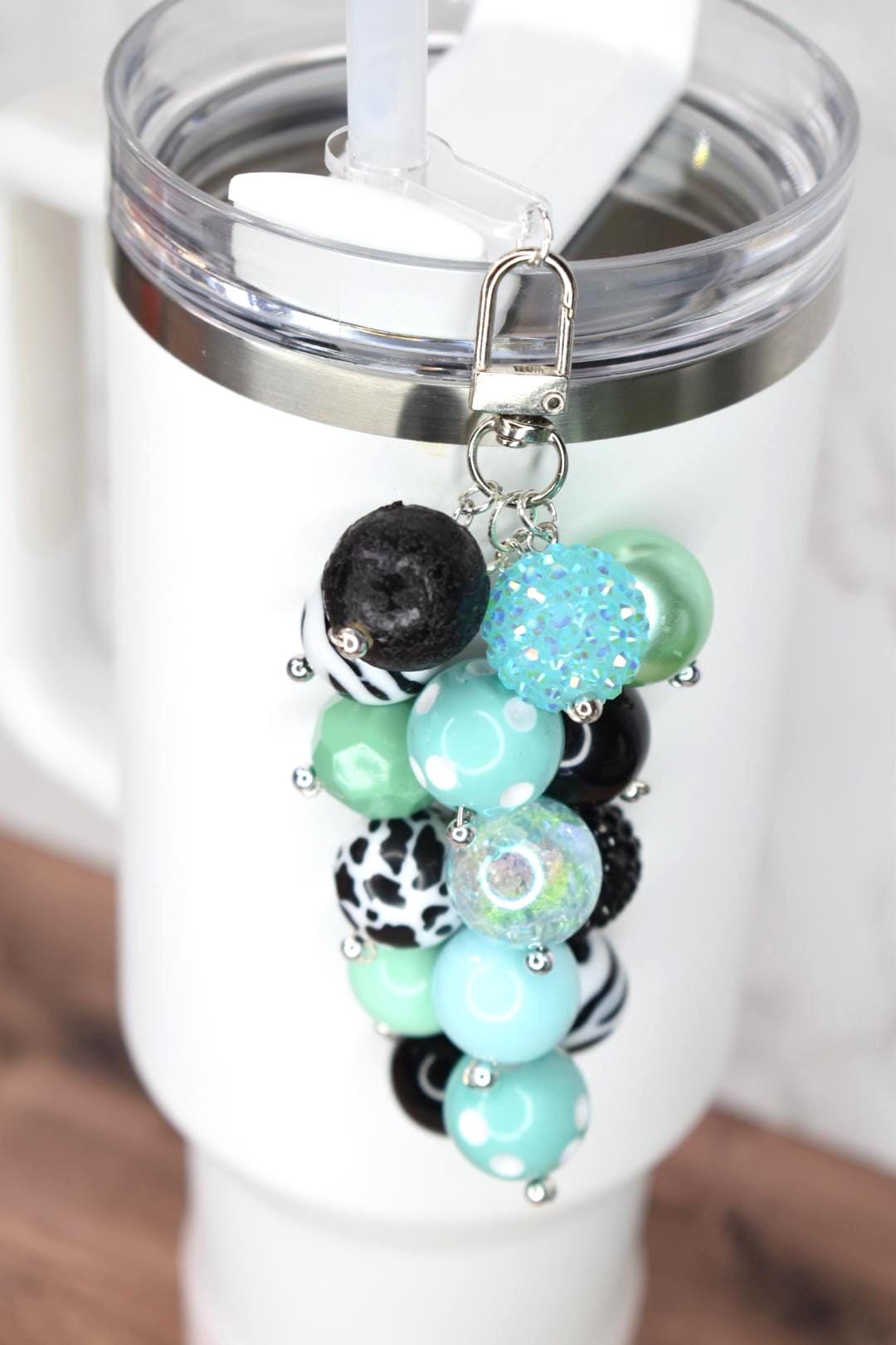 Mint and Black Beaded Tumbler Straw Charm