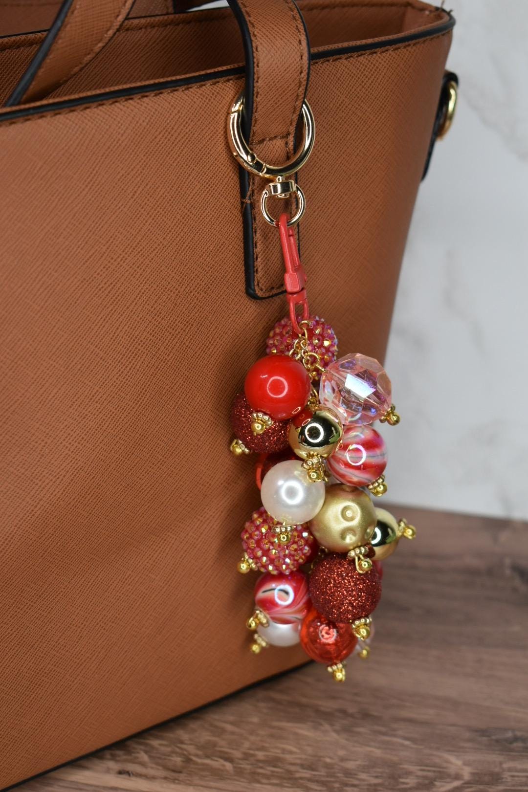 Red and Gold Glam Beaded Bag Charm - Bag Keychain