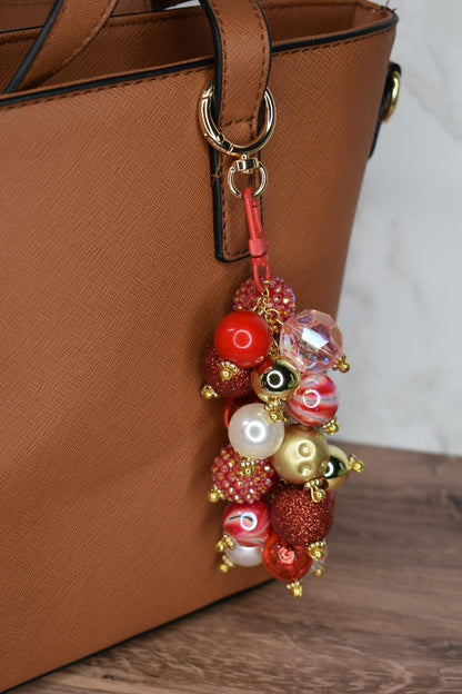 Red and Gold Glam Beaded Bag Charm - Bag Keychain