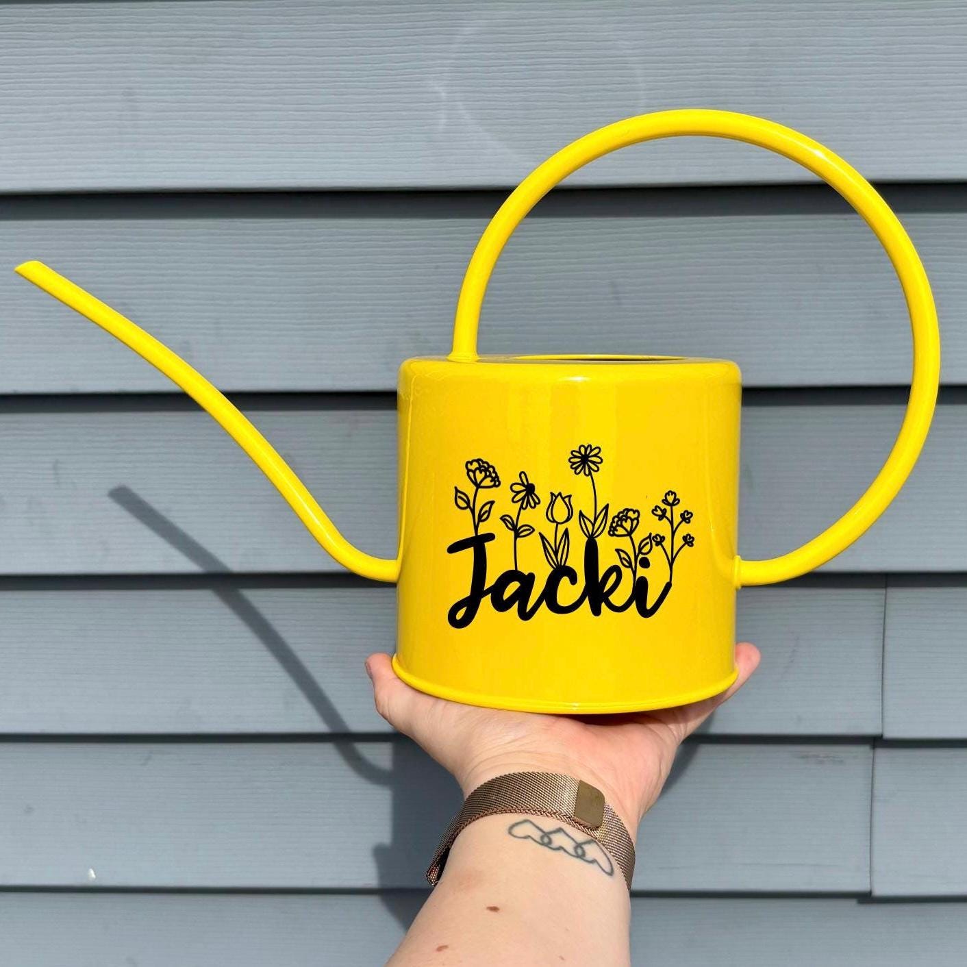 Personalized Yellow Watering Can with Custom Name and Floral Letter Accents