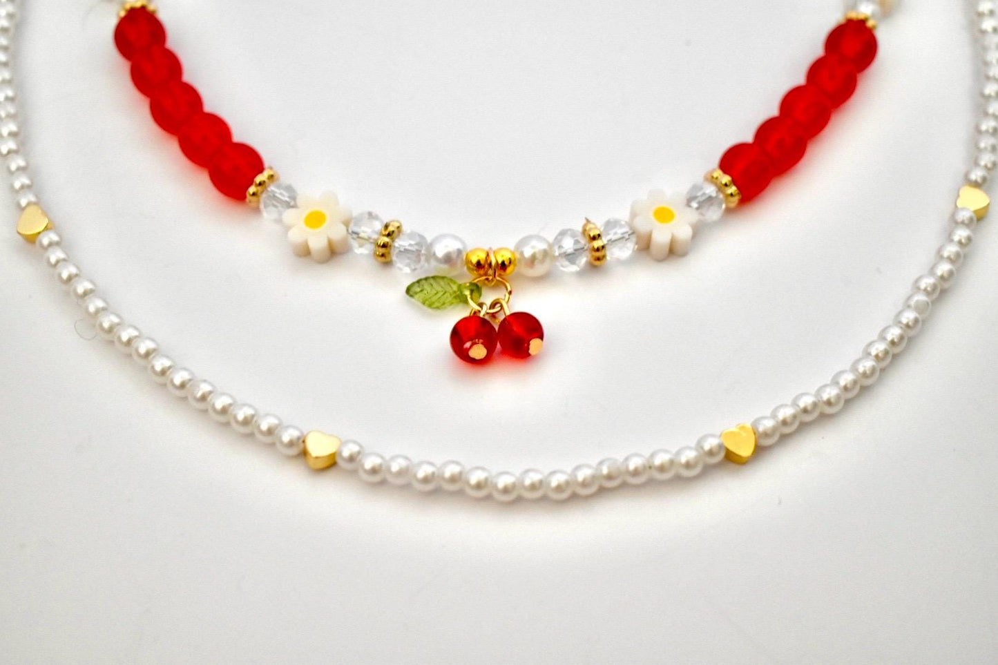 Layered Necklace Set: Cherry Charm, Daisy & Pearl Y2K Jewelry