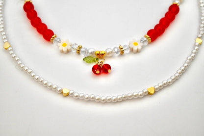 Layered Necklace Set: Cherry Charm, Daisy & Pearl Y2K Jewelry
