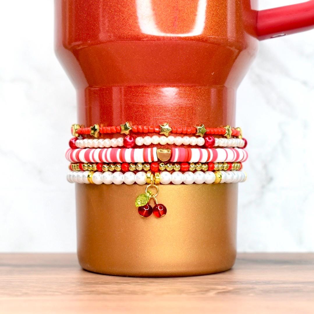 Cherry Charm Bracelet Stack: Red, White & Gold Beaded 5 Piece Set