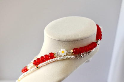 Layered Necklace Set: Cherry Charm, Daisy & Pearl Y2K Jewelry