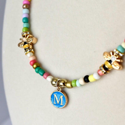 Rainbow Seed Bead Necklace: Custom Initial Charm, Bumblebee Accent