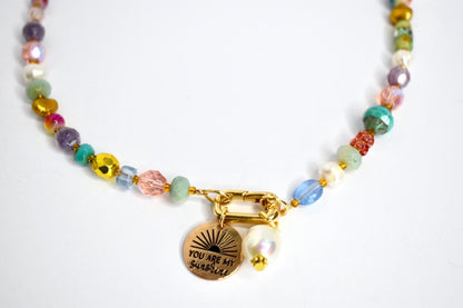 Colorful Beaded Necklace with You Are My Sunshine Charm & Pearl Charm