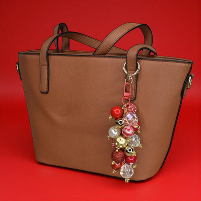 Red and Gold Glam Beaded Bag Charm - Bag Keychain