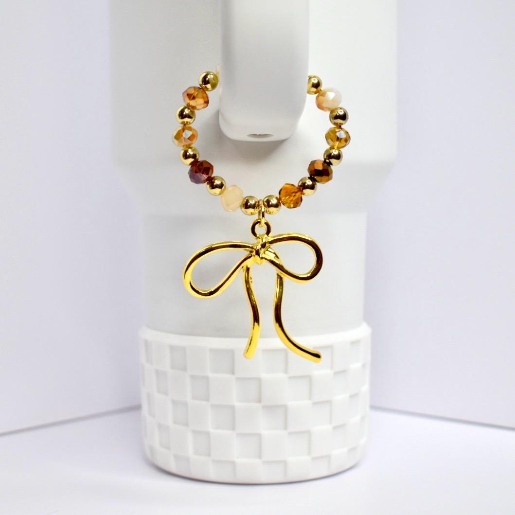 Chocolate Brown and Gold Tumbler Handle Bracelet with Amber Beads, Bow Charms