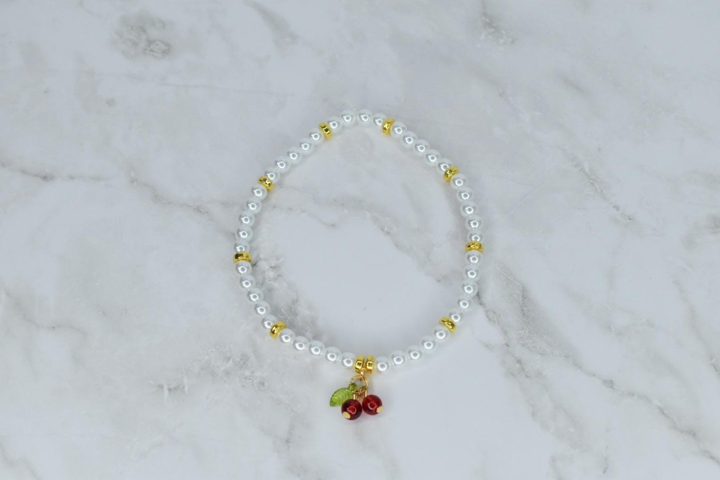 Cherry Charm Bracelet Stack: Red, White & Gold Beaded 5 Piece Set