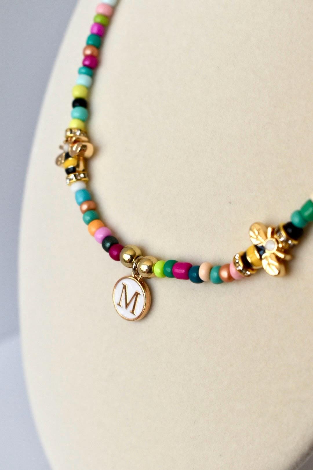 Rainbow Seed Bead Necklace: Custom Initial Charm, Bumblebee Accent