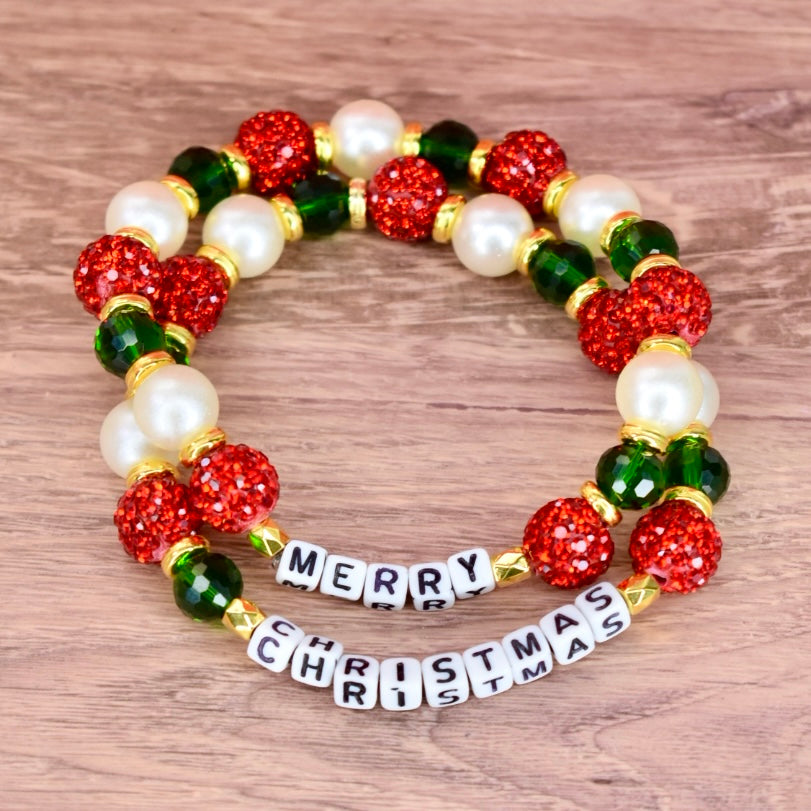 Merry Christmas Letter Bead Bracelet Stack - 2 Piece Set