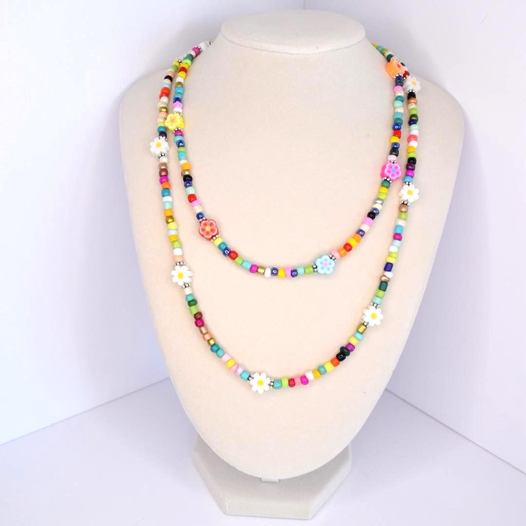 Rainbow Beaded Necklace: Y2K Daisy Accent, Summer Jewelry, Necklace for Layering