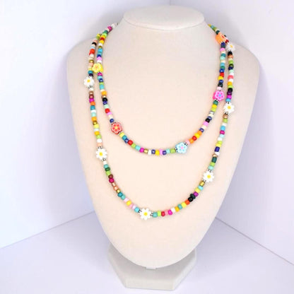 Rainbow Beaded Necklace: Y2K Daisy Accent, Summer Jewelry, Necklace for Layering