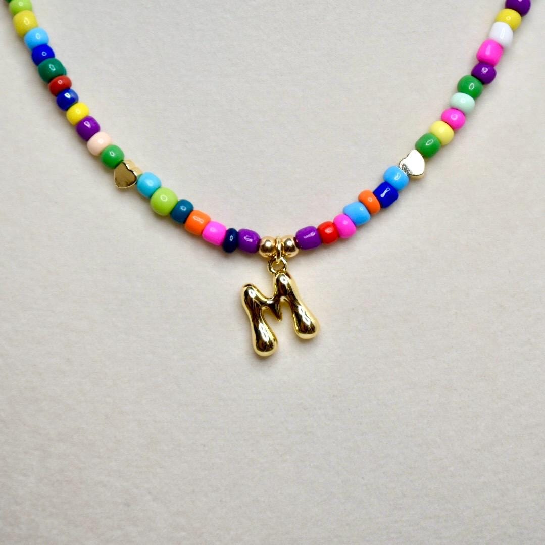 Rainbow Seed Bead Initial Necklace: Gold Filled Charm, Adjustable Boho Jewelry, Necklace for Layering