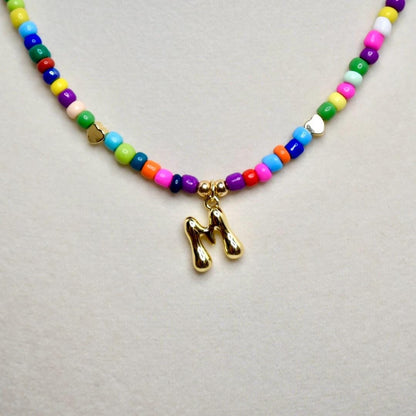 Rainbow Seed Bead Initial Necklace: Gold Filled Charm, Adjustable Boho Jewelry, Necklace for Layering