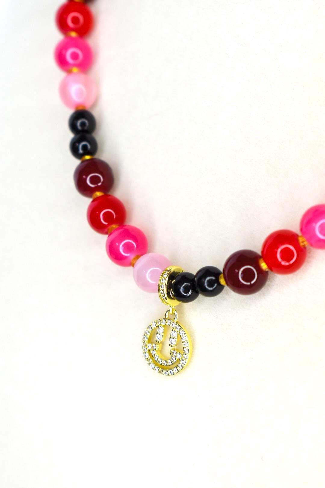 Red & Pink Glass Beaded Necklace: Handmade Jewelry Gift - Choose Charm