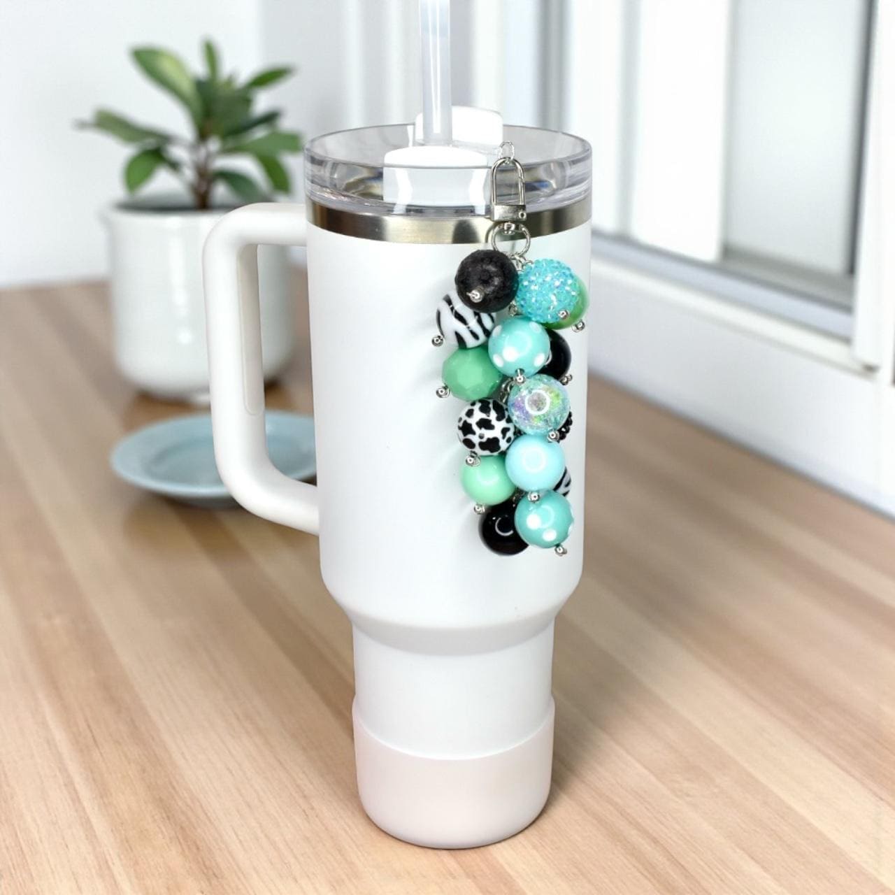 Mint and Black Beaded Tumbler Straw Charm