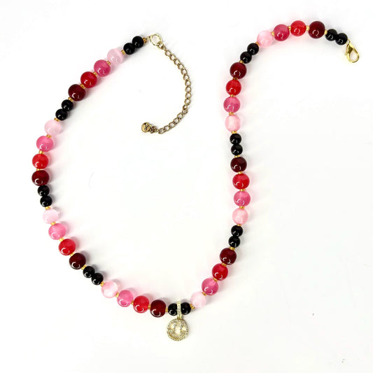 Red & Pink Glass Beaded Necklace: Handmade Jewelry Gift - Choose Charm