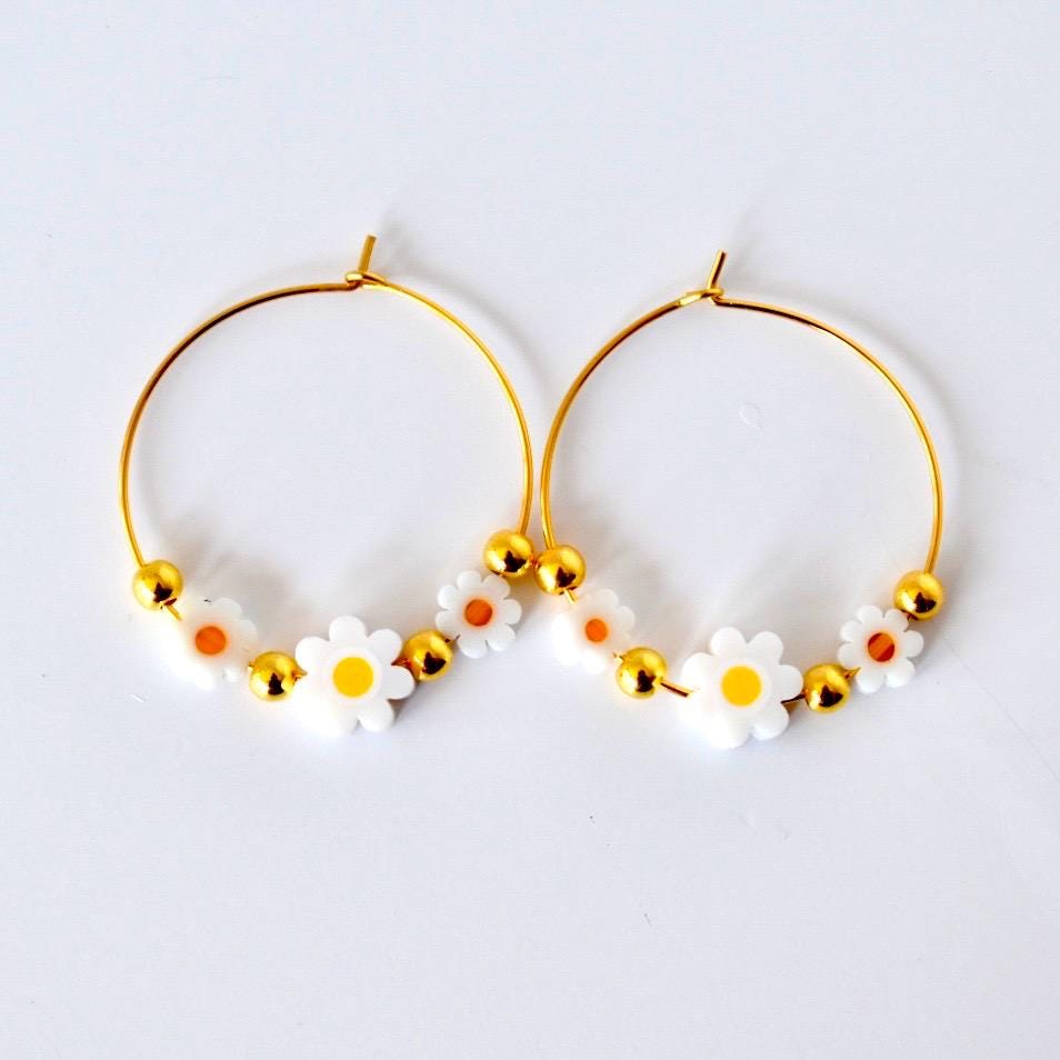 Daisy Hoop Earrings Gold and White Daisy Beaded Hoops