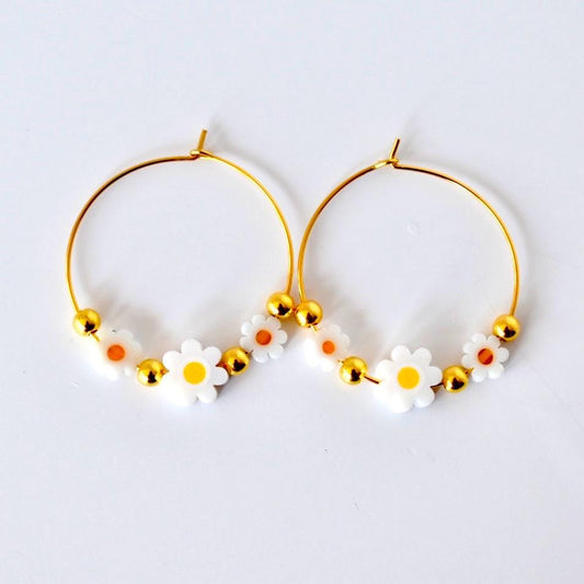 Daisy Hoop Earrings Gold and White Daisy Beaded Hoops