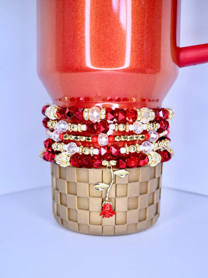 Red Rose Bracelet Stack with Beauty and the Beast Rose Charm