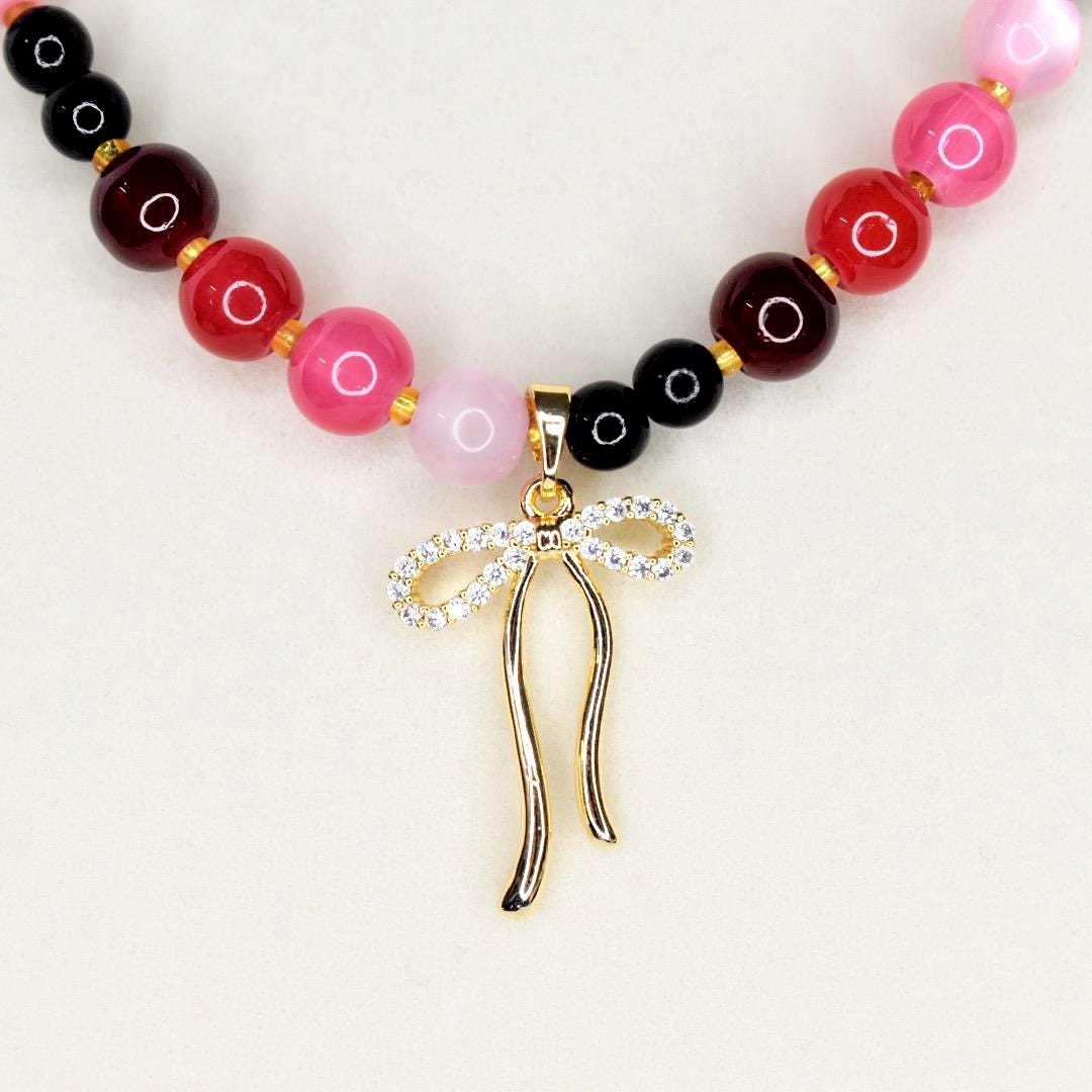 Red & Pink Glass Beaded Necklace: Handmade Jewelry Gift - Choose Charm