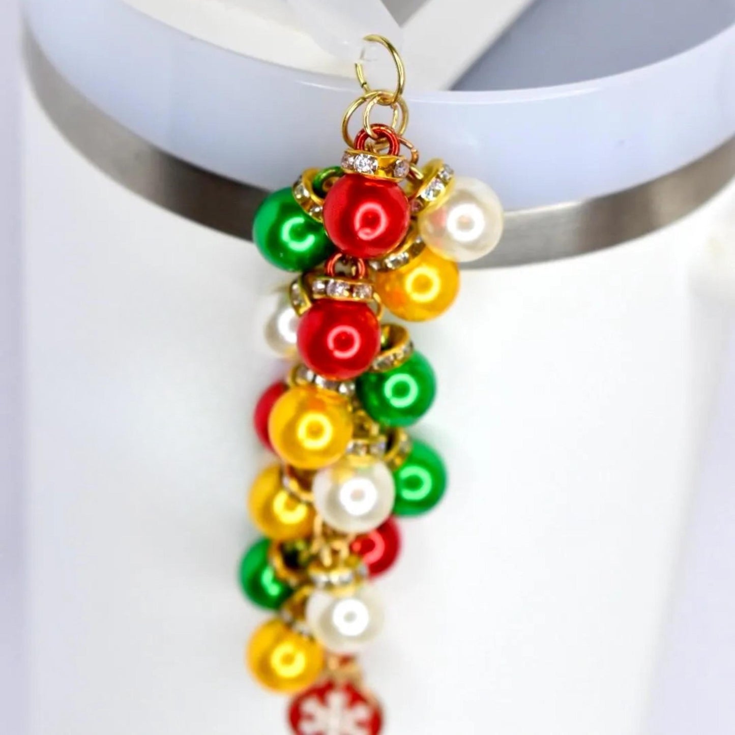 Christmas Tumbler Straw Charm: Red, Green, and Gold Pearl Beads, Snowflake Pendant