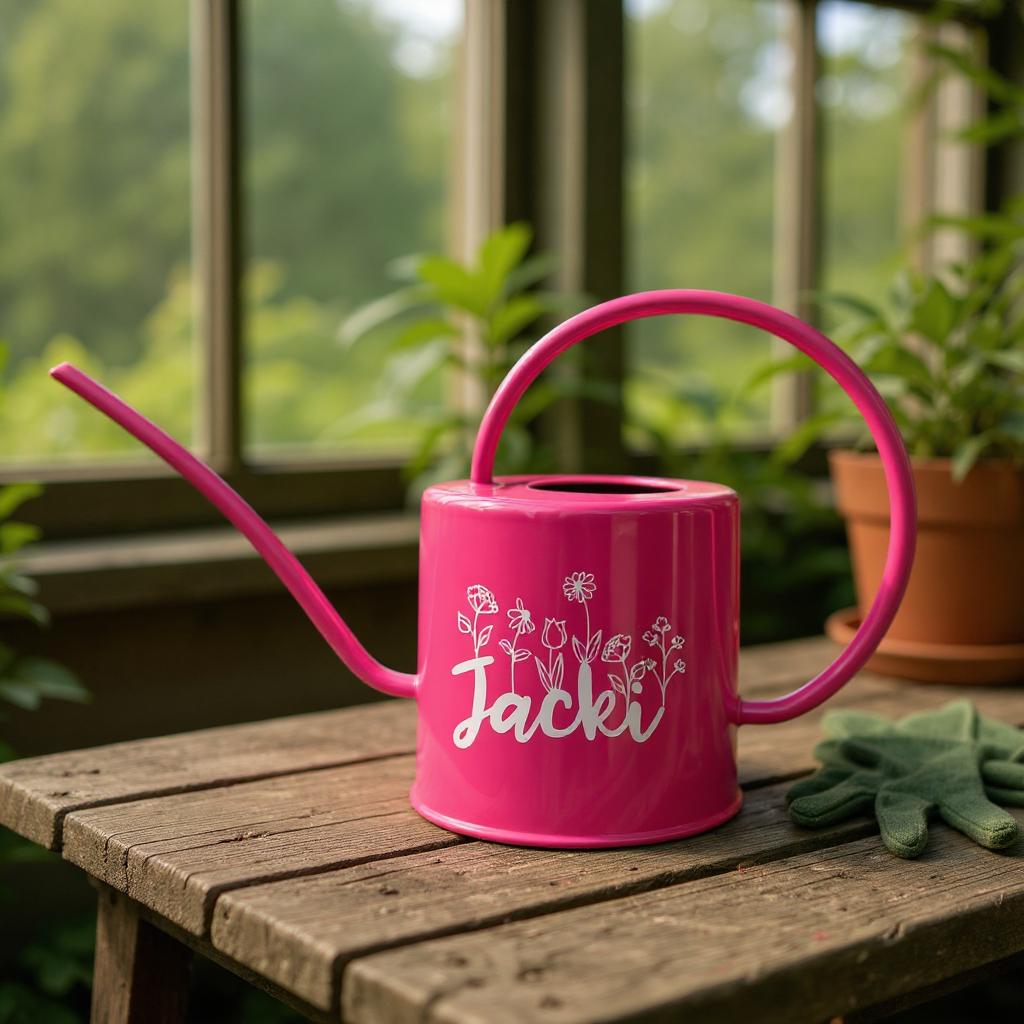 Pink watering can with personalized name on a wooden table outdoors