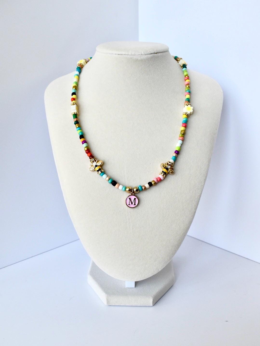 Rainbow Seed Bead Necklace: Custom Initial Charm, Bumblebee Accent