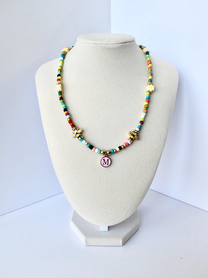 Rainbow Seed Bead Necklace: Custom Initial Charm, Bumblebee Accent