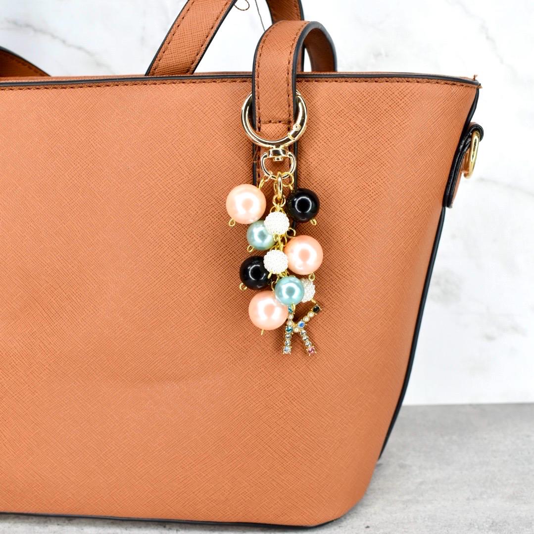 Pearl Beaded Bag Charm: Personalized Rhinestone Initial Keychain