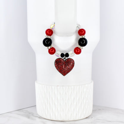Red and Black Tumbler Handle Bracelet with Red Rhinestone Heart Charm