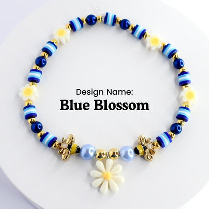 Blue and Gold Bracelet Stack with Bee Accent Beads