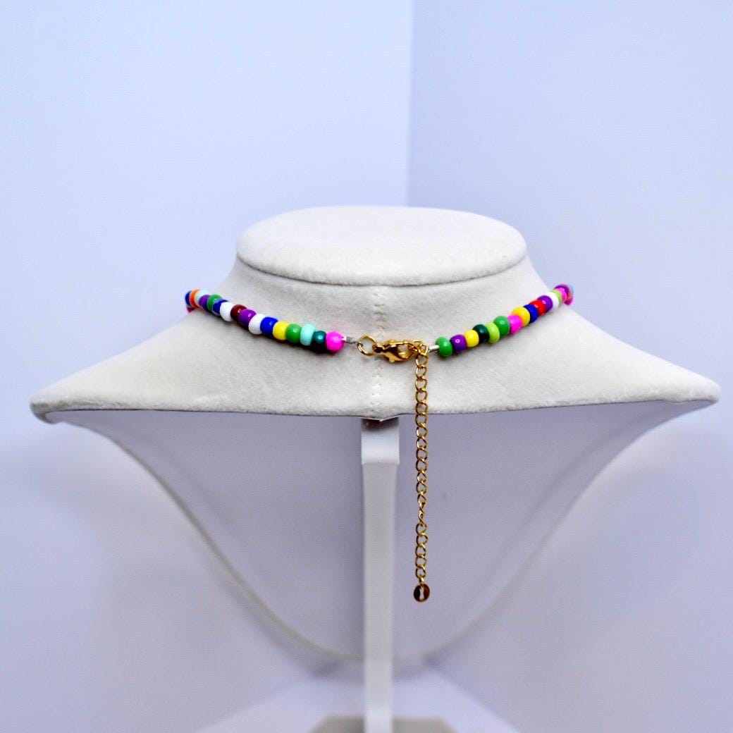 Rainbow Seed Bead Initial Necklace: Gold Filled Charm, Adjustable Boho Jewelry, Necklace for Layering