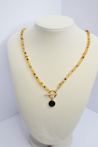 Brown and Gold Beaded Necklace with Initial Charm