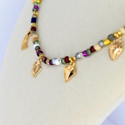 Charm Necklace: Boho Gold Crown, Heart & Leaf