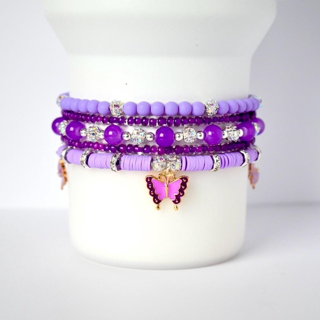 Purple Beaded Bracelet Stack with Butterfly Charm - 5 Piece Set