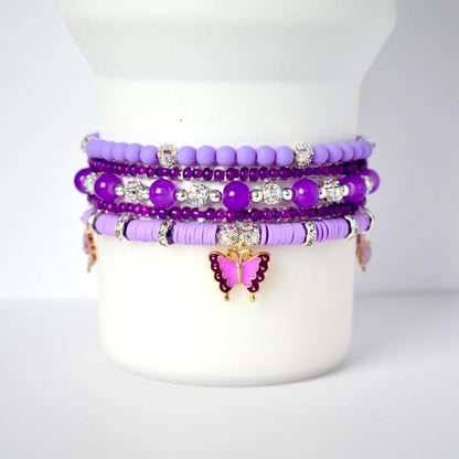 Purple Beaded Bracelet Stack with Butterfly Charm - 5 Piece Set