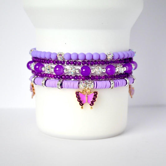 Purple Beaded Bracelet Stack with Butterfly Charm - 5 Piece Set