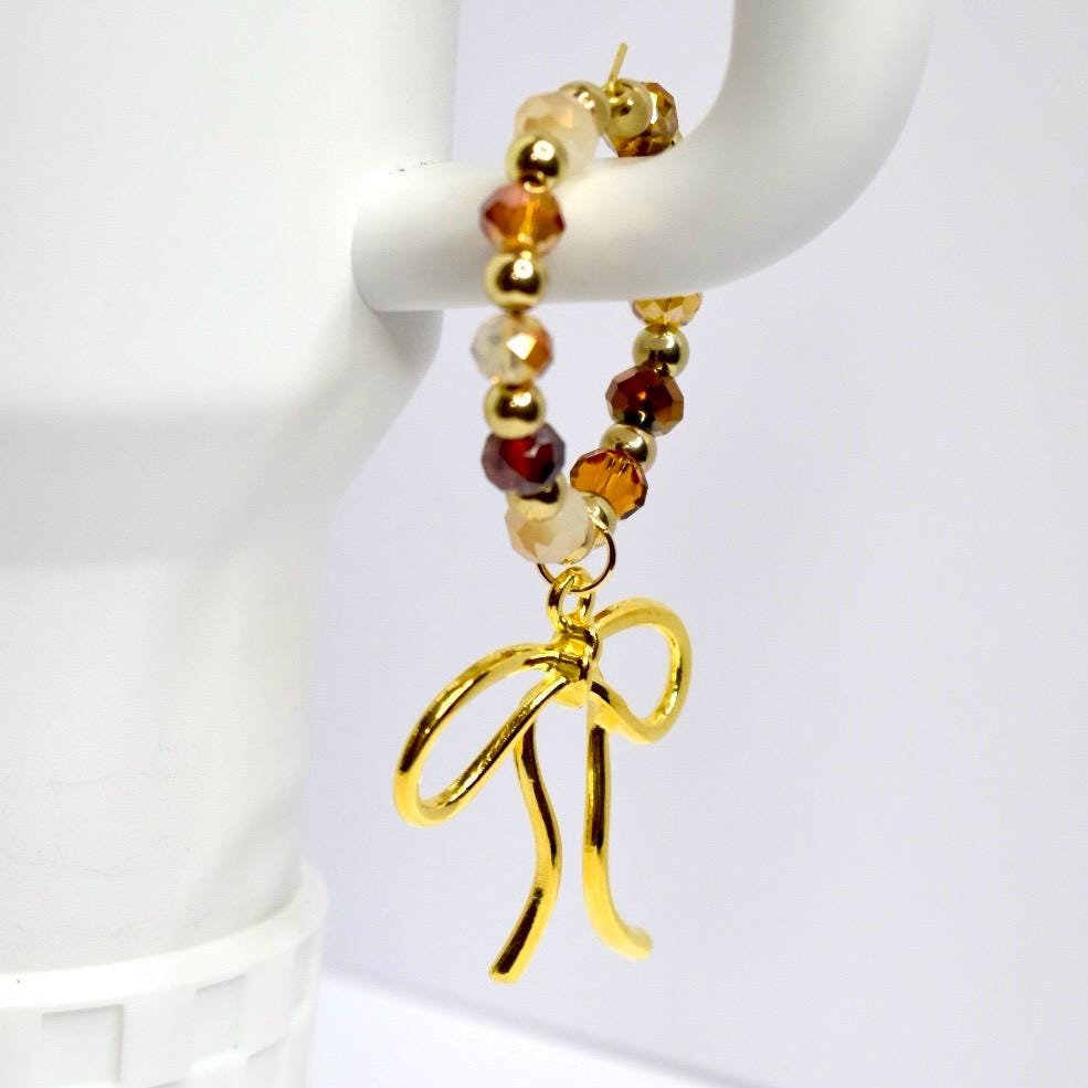 Chocolate Brown and Gold Tumbler Handle Bracelet with Amber Beads, Bow Charms