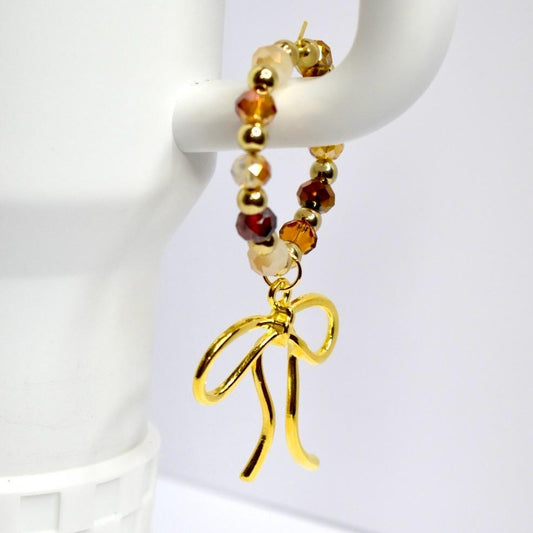 Chocolate Brown and Gold Tumbler Handle Bracelet with Amber Beads, Bow Charms