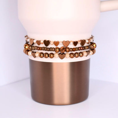 Bronze and Beige Heart Beaded Bracelets - 3 Piece Set