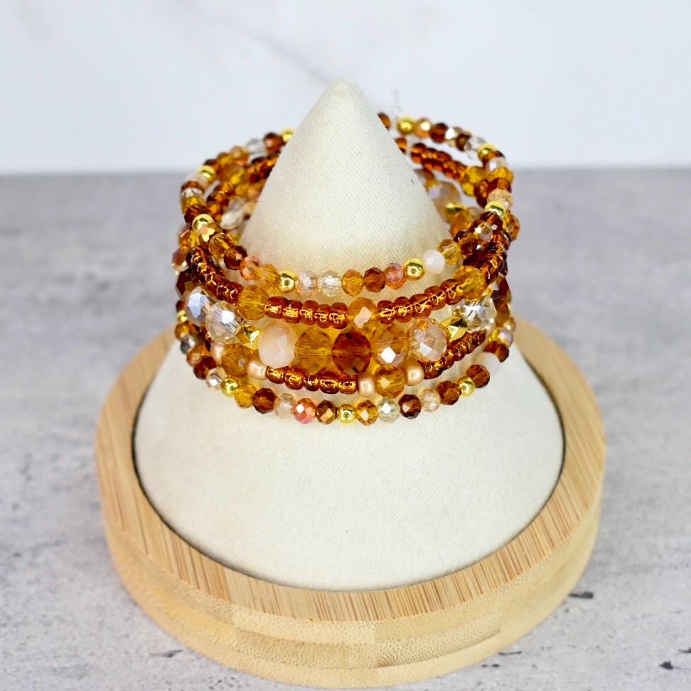 Amber, Brown and Gold Bracelet Stack - 5 Piece Set