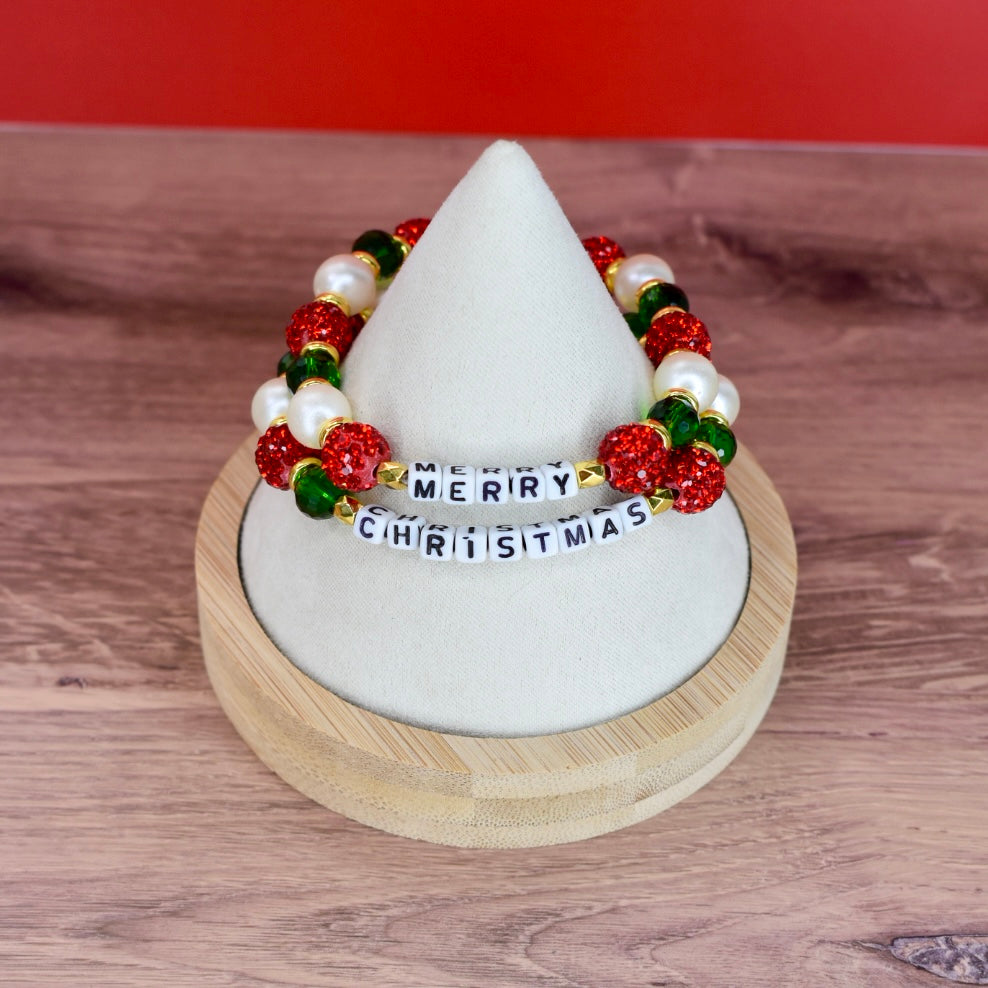 Merry Christmas Letter Bead Bracelet Stack - 2 Piece Set