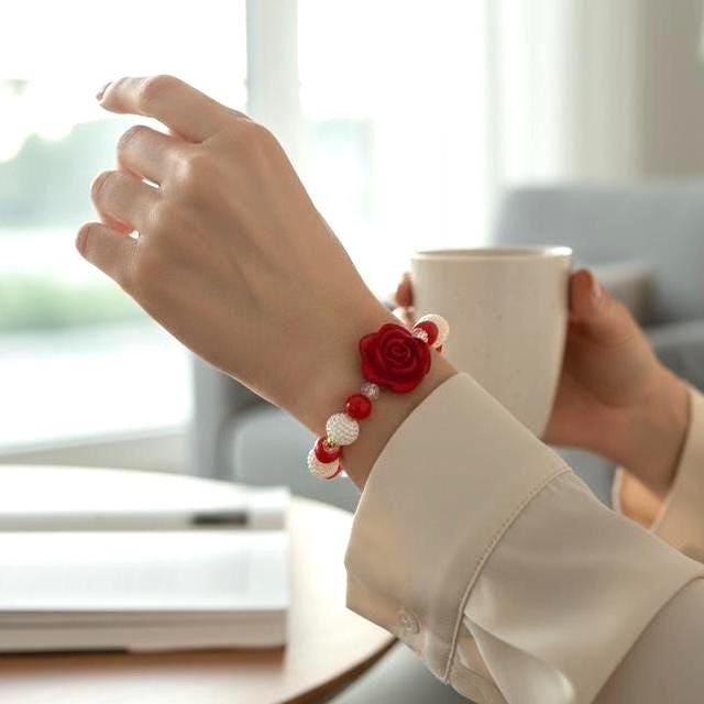 Red Rose Faux Pearl Bracelet