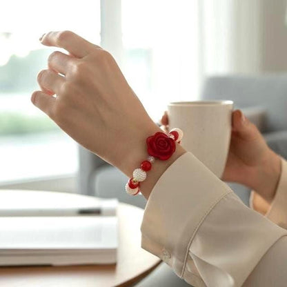 Red Rose Faux Pearl Bracelet